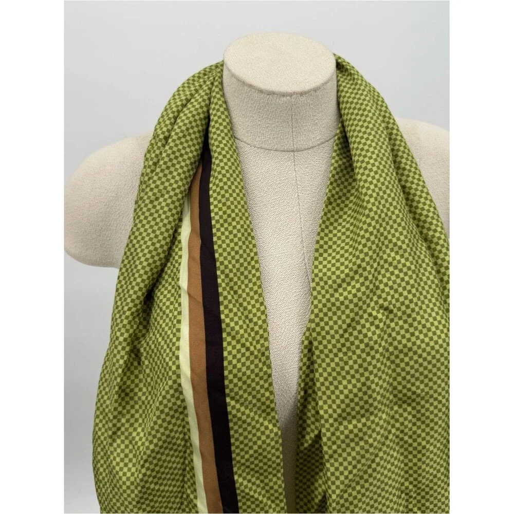 Unbranded Green Checker Print Long Rectangle Scarf Brown Border Wrap Accessory